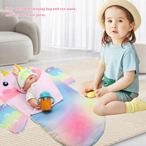 Baby Doll Sleeping Bag Toy Playset - Rainbow Unicorn Doll Bedding Accessories with Eye Mask