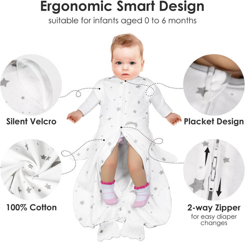 Beberoad Love Baby Swaddles, Cotton Wearable Blankets with 2-Way Zipper & Silent Velcro for 0-3 Months (Stars)