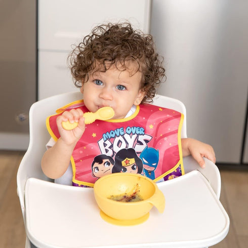 Bumkins Bibs for Girl or Boy, SuperBib Baby and Toddler 6-24 Months, Essential Must Have for Eating, Feeding, Baby Led Weaning Supplies, Mess Saving Catch Food, Fabric, 3-pk DC Comics Move Over Boys
