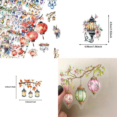 LOOGFDC 50PCS Watercolor String Light Stickers - Transparent PET Waterproof Lantern Decals for DIY Crafts, Journals