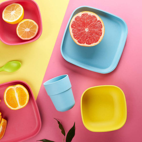 Bamboo Kids Plates, 4 Pack Set, Stackable Bamboo Dinnerware for Kids, Dishwasher Safe