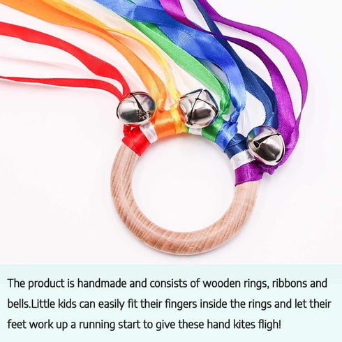 Montessori Hand Kite, Baby Sensory Ribbon Toy, Wooden Rainbow Toddler Toys for Engaging Sensory Play