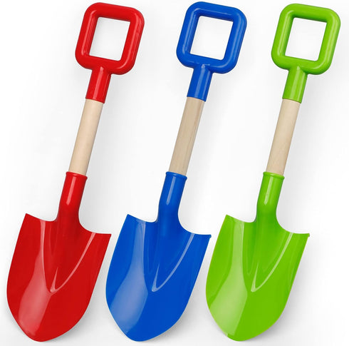 16'' Summer (3PCS Long Kids Beach Shovels Sand Spade Toys Gardening Tools with Wooden Handled, ABS Plastic Sturdy Scoop