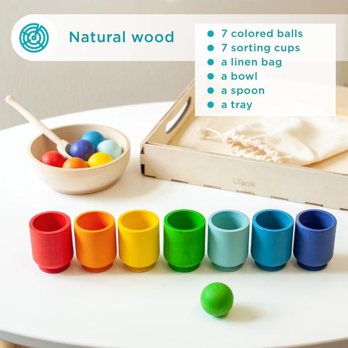 Ulanik Rainbow Balls in Cups, Toddler Montessori Toys for 1+ Year Old Kids, Wooden Matching Game for Learning