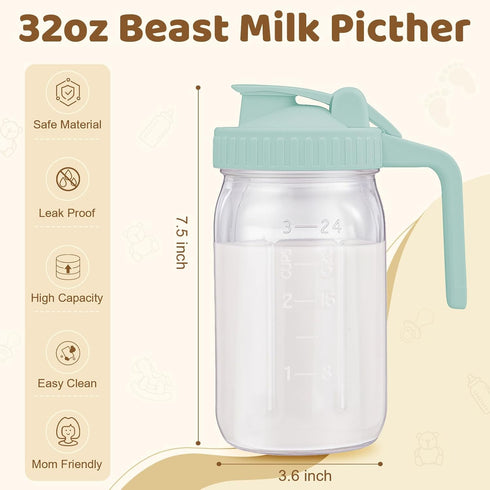 AoeJarry 32 oz Breast Milk Pitcher with Leak Proof Flip Cap & Pour Spout, Wide Mouth Mason Jars for Breast Milk Storage