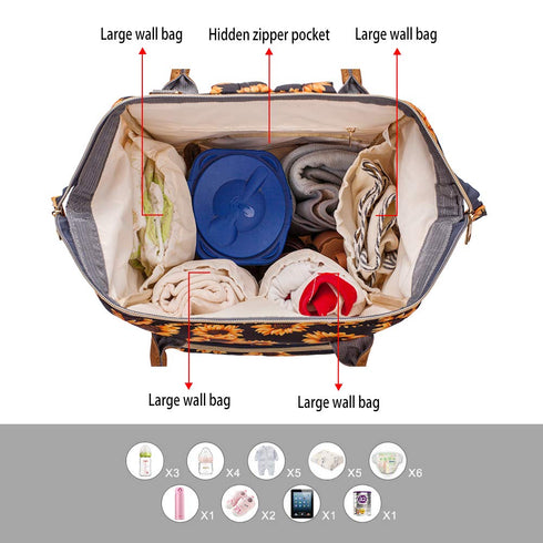Backpack, Sunflower Diaper Bag Womens Large Waterproof Maternity Baby Nappy Bags