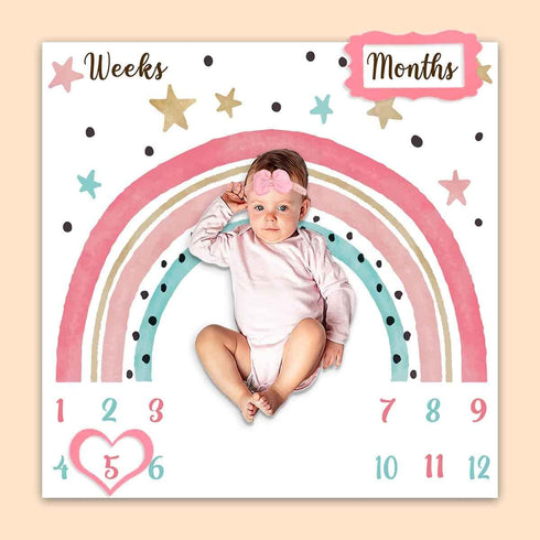 Colorful Rainbow Baby Monthly Milestone Blanket, Girl Crown Star Pattern, 47"x47", Includes 4 Frames and 1 Headband
