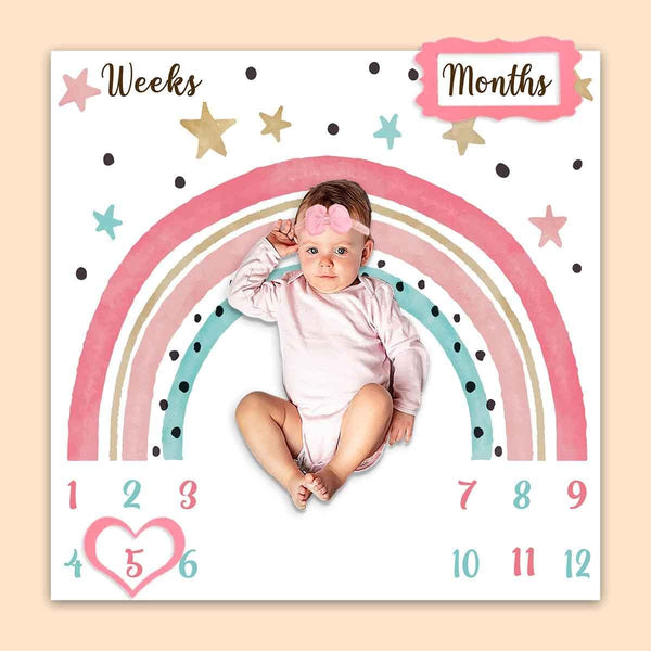 Colorful Rainbow Baby Monthly Milestone Blanket, Girl Crown Star Pattern, 47"x47", Includes 4 Frames and 1 Headband