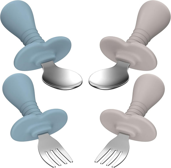 4 Pcs Toddler Utensils Set, Stainless Steel Childrens Silverware with Round Handle, BPA Free, Anti-Choke Design, Lite