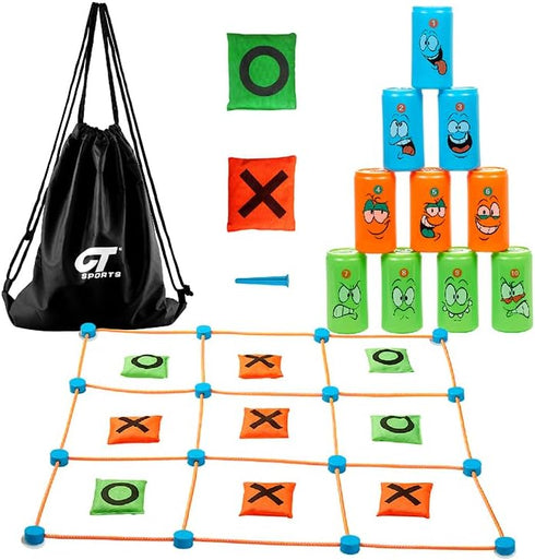 2-in-1 Bean Bag Bottle and Can Throwing Play Set for Outdoor and Indoor Games, Rope Throwing Tic Tac Toe Set