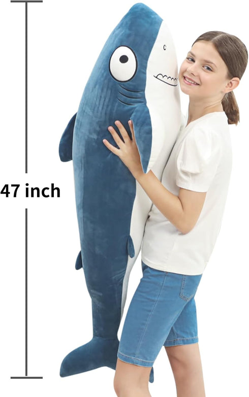 48” Blue Giant Sharks Plush - Large Whale Shark Stuffed Animal, Big Ocean Sea Fish Squishy Body Pillow