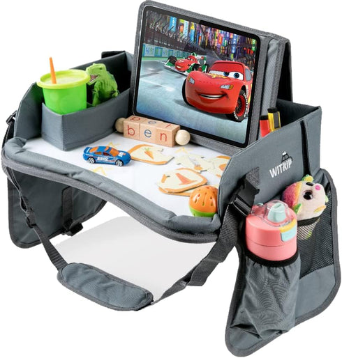 Kids Travel Tray with Dry Erase Board - Car Seat Tray for Kids Travel, Carseat Table Top for Toddler, Lap Desk for Car