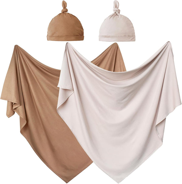 OWLOWLA 2Pack Newborn Swaddle Blanket with Hat Set Baby Wrap Swaddle Receiving
