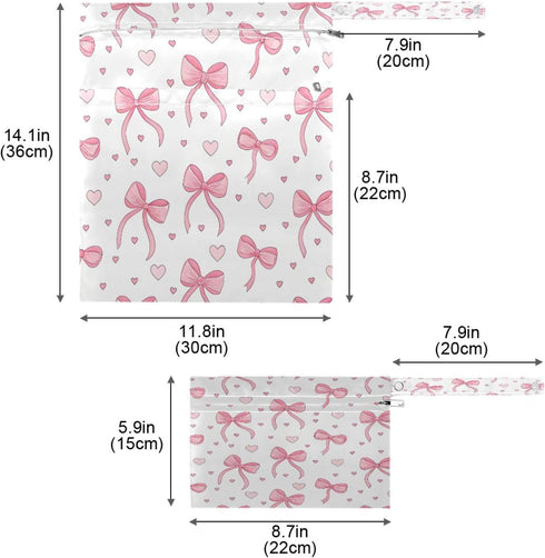 Haskirky 2 Pink Bows Hearts Pcs Cloth Diaper Wet Dry Bags,Waterproof and Washable Bag for Travel Reusable Wet Bag