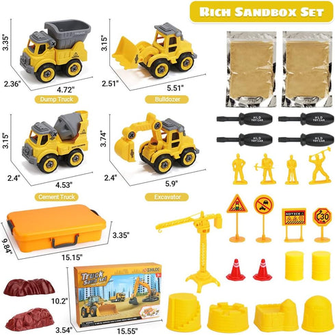 Set, 2.2lbs 4 3-8 OENUX Play Sand Construction Beach Building Castle Kit w/ Play Sand, Take Apart Construction Trucks