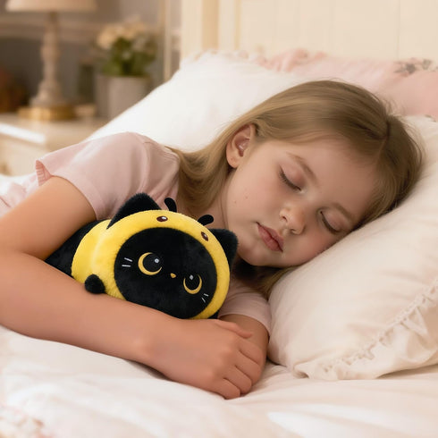 (8 Inch) Mewaii Cute Black Cat Bee Plush Pillow, Kawaii Plushies Bee Stuffed Toy, Kitten Plushies with Honeybee Outfit