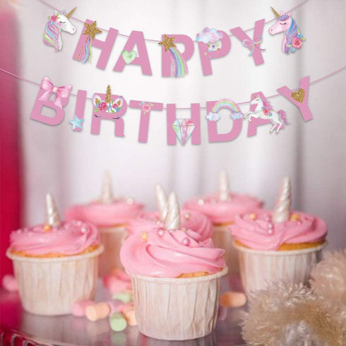 CC HOME Unicorn Happy Birthday Banner/Unicorn Party Supplies for Kids Birthday Party Decoration, Pink