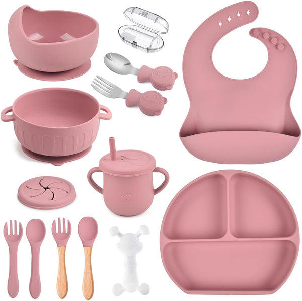 mraisebossup Silicone Baby Feeding Set 15 PcsBaby Spoons Suction Bowl Divided Plate Bib