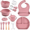 mraisebossup Silicone Baby Feeding Set 15 PcsBaby Spoons Suction Bowl Divided Plate Bib