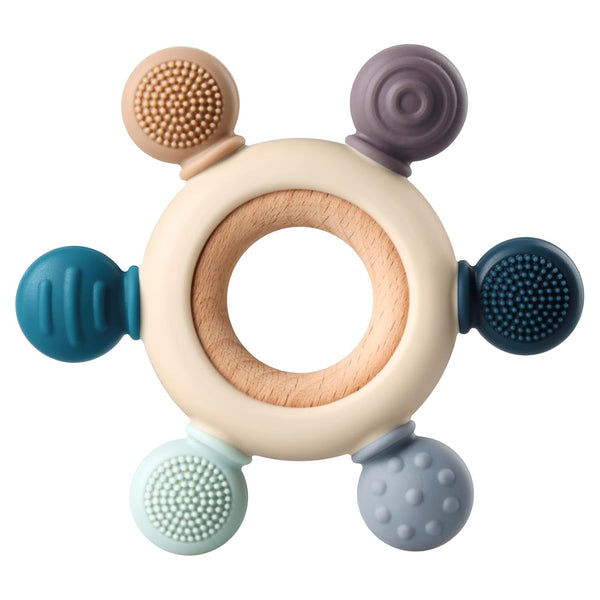 Baby Teething Toys, Silicone Chewable Teethers with Wooden Ring for Soothing Gums, Rudder Chewers Shower Gift for