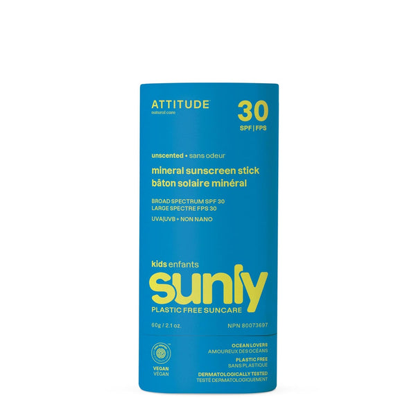 ATTITUDE Mineral Sunscreen Stick for Kids, SPF 30, EWG Verified, Plastic-Free, Broad