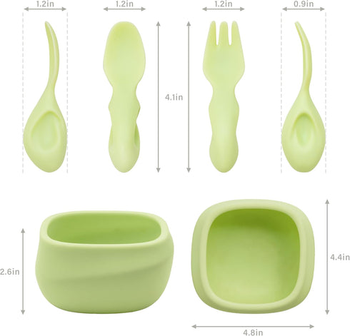 Toddler Utensils Set, Baby Essentials with Bowl, Fork, and Spoon for 12M+ Self-Feeding, Green