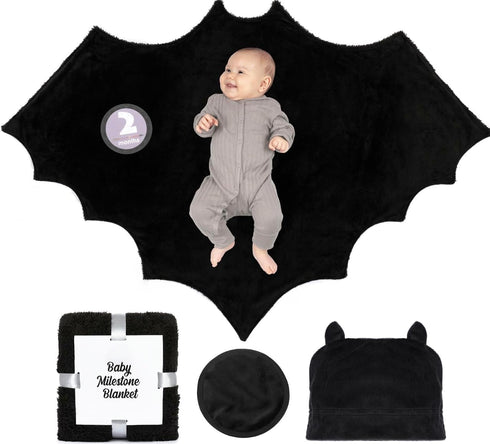 Bumba Kids Sherpa Fleece Goth Bat Baby Swaddle Blanket Gift Set with Milestone Stickers,
