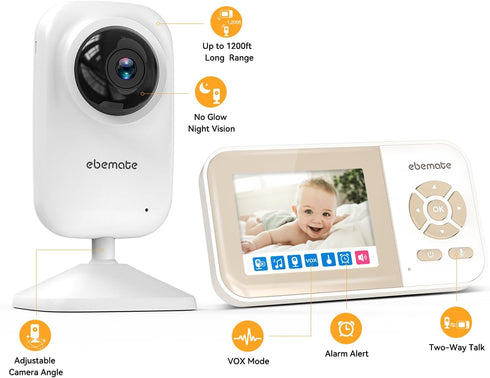 ebemate Video Baby Monitor Camera, 2-Way Talk Audio Cam Monitor with Lullabies, 2.8" LCD Screen