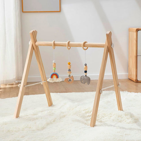ToyKing 4 Wooden Baby Play Gym with Hanging Bar, Gym Toys and Natural Pine Wood, Perfect for Infant Development