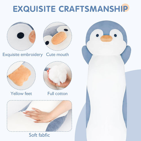 36" Dalmao Penguin Stuffed Animal, Soft Jumbo Long Cuddle Pillow, Cute Blue Penguin Plush Body Pillow Plushies Toy Gift