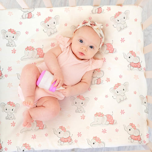 FIGEPO 4 Pack Set Baby Girl Crib Sheets Soft Fitted Floral or Elephant Theme Baby Girl Mattress Covers Breathable