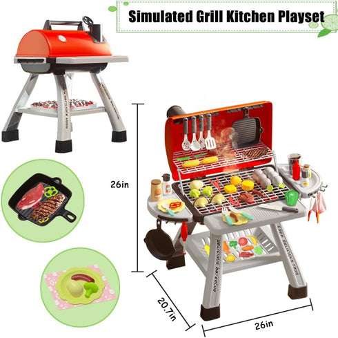 Barbecue Grill Toy Set, Kids BBQ Kitchen Playset with Smoke Sound Light Simulation for Interactive Pretend Play