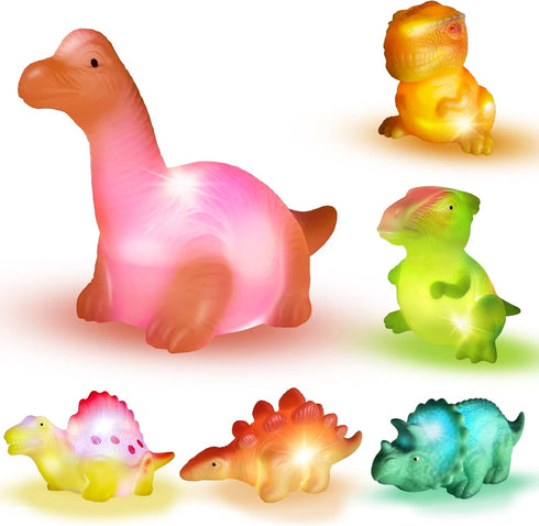 Light Up Bath Toys, 6 Packs Floating Dinosaur Bathtub Toys for Toddlers, No Hole Baby Bath Toys for Kids
