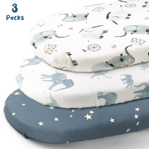 Stretchy Ultra Soft Fitted Bassinet Sheets Set 3 Pack, Universal Fit for Bassinets Baby Cradle Moses Basket Oval Rectangle Mattress Safe and Snug, Stylish Bassinet Sheet of Elephant Print by GRSSDER