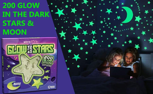 200 3D Pcs Glow in the Dark Stars with Moon - Luminous Wall Stickers Night Light for Boys & Girls Room Decor - Bedroom