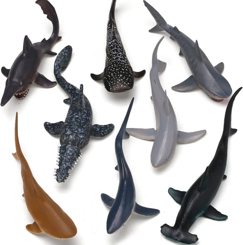 Yeonha Toys 8 Pack Shark Toys - Realistic Soft Plastic Shark Figures with Educational Booklet for Kids - Pool Bath Tub