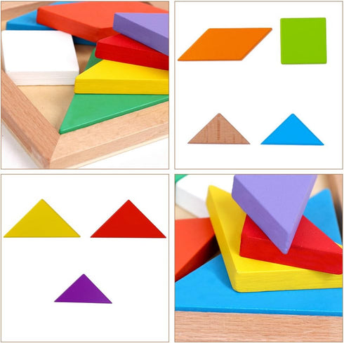 3 Otters Wooden Tangrams Puzzles, 4 Pack Educational Shapes Puzzle Toys for Kids and Adults, STEM Montessori Wood Toy
