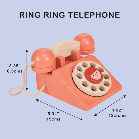 Communication 2+ Mentari Toys - Ring Ring Telephone - Solid Wood Retro Chorded Dial Phone for Toddlers - Pretend Play