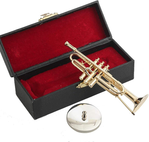 Dselvgvu Copper Miniature Trumpet with Stand and Case, Mini Musical Instrument for Dollhouse Model (4.65"x1.18")