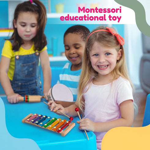 Set Stoie's Kids Musical Instruments Wooden Percussion Instruments for Toddlers, Xylophone, Tambourine, Maracas, Music