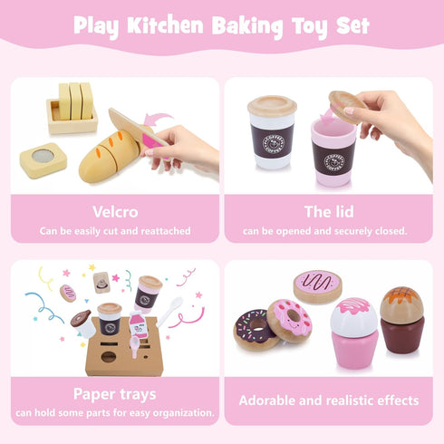 Playset 23pcs Sets SIMPLIPLAY Wooden Bakery Food Toys, Wooden Pretend Play Food for Kids, Play Kitchen Accessories