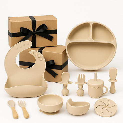Generic Set, Baby Feeding Silicone Suction Bowl, Spoon, Cup and Bib, BPA-Free Baby Essentials (Beige)