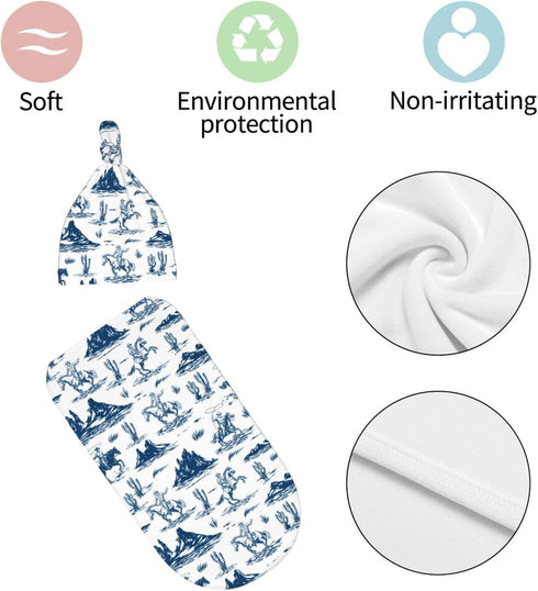 Osvbs Sets Western Cowboy Cactus Baby Stuff Newborn Baby Swaddle Blanket Wrap Blanket Soft with Beanie Hat Gifts