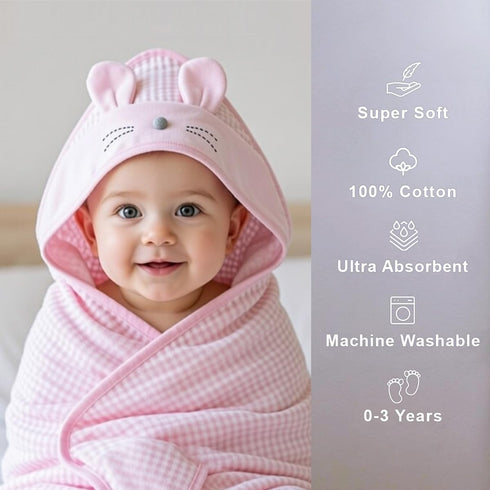 NOOVIA 0-3 35x35in, Premium Cotton Baby Hooded Towel for Toddler Girl Years, Soft Cotton Bath Towel with Hood, Large