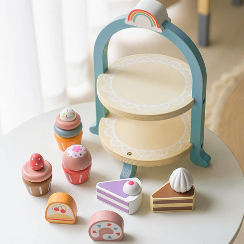 MIKNEKE Set Set Sets Wooden Dessert Cake Play Food Toys, Pretend Play Kids Tea Party for Little Girls Toddlers