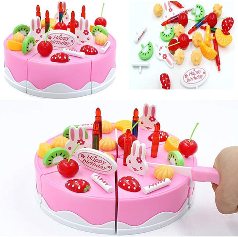 38 PCS DIY Cutting Birthday Party Cake Toy Set - Pretend Play Kitchen Food Toys, Pink/Blue Cut Cake Toys for Girls Boys