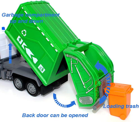 2.4G RC Garbage Truck Toy with Lights, 6 Channel Remote Control Waste Management Truck with 2 Rechargeable Batteries