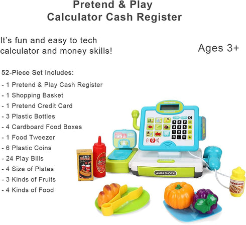 3 4 5 6 7 8 FS Pretend Play Cash Register Toys with Scanner, Calculator, Large Drawer, Microphone, Play Food