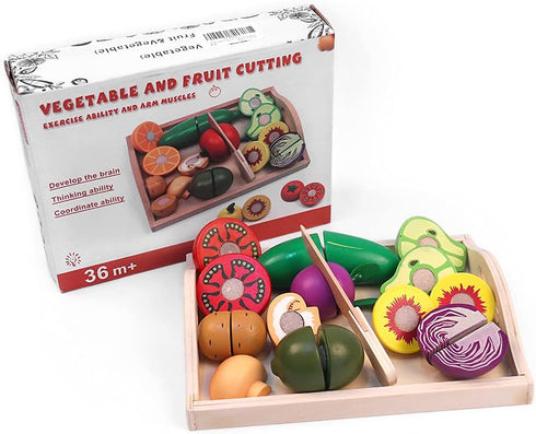 Take Me Away Set Set Wooden Cutting Fruit Vegetables for Kids - Pretend Play Food Toy with Wooden Knife and Tray