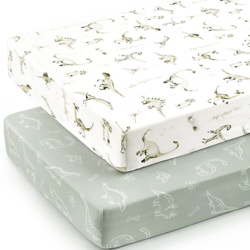 GRSSDER Stretch Ultra Soft Jersey Knit Fitted Crib Sheets Set 2 Pack,Fit All Standard Crib Mattress Pads Safe and Snug, Crib Fitted Sheet for Baby, Dinosaur by GRSSDER